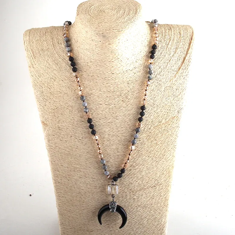 Metal Color: Antique Gold Plated, Length: 45cm, Ships From: CHINA - Fashion Bohemian Jewelry Natural Stones Crystal Glass Knotted Ox Horn Moon Pendant Necklace Women Boho Necklaces Girls