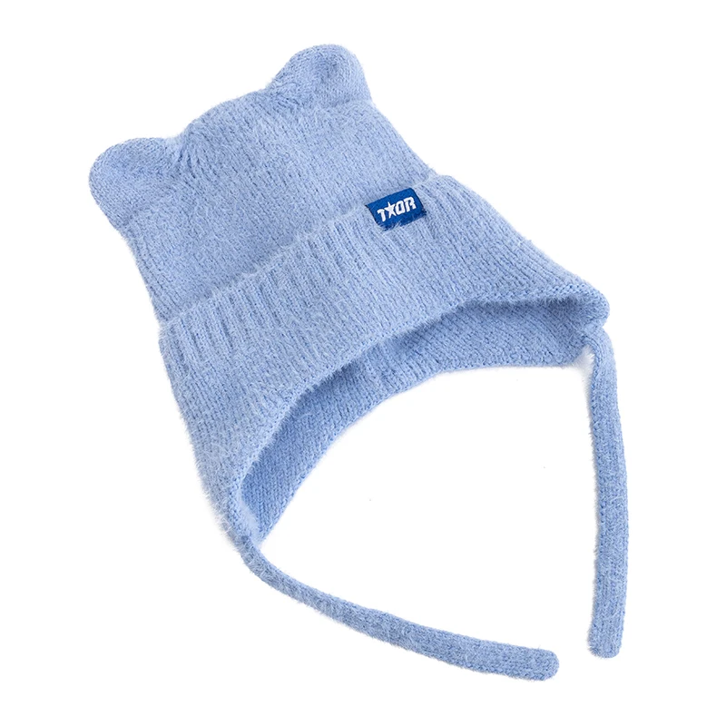 Color: Coffee, Size: One Size - New Women Cute Cat Ear Earflap Winter Hat Fashion Windproof Knitted Hat Kpop Style Soft Beanie Hats Candy Colors Streetwear Cap