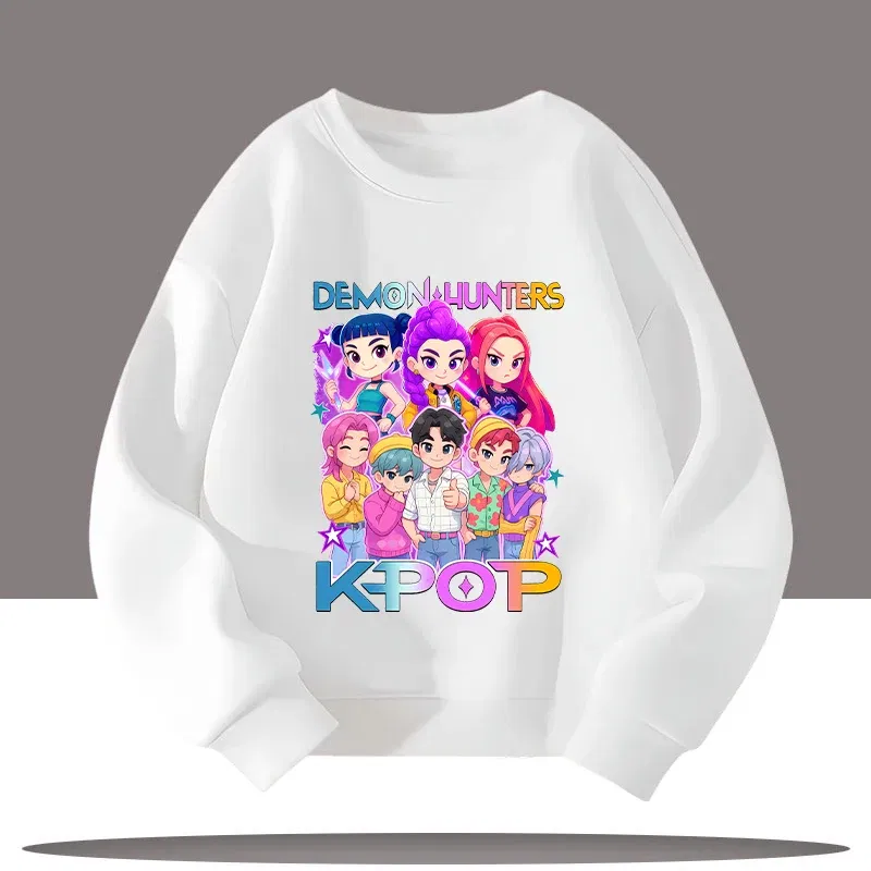 Color: Lavender, Kid Size: 5 - K-pop Demon Hunters Cartoon Print 3-12 Year Old New Style Kids Round-neck Sport Shirt Cute Girl Casual Top Children's Clothing