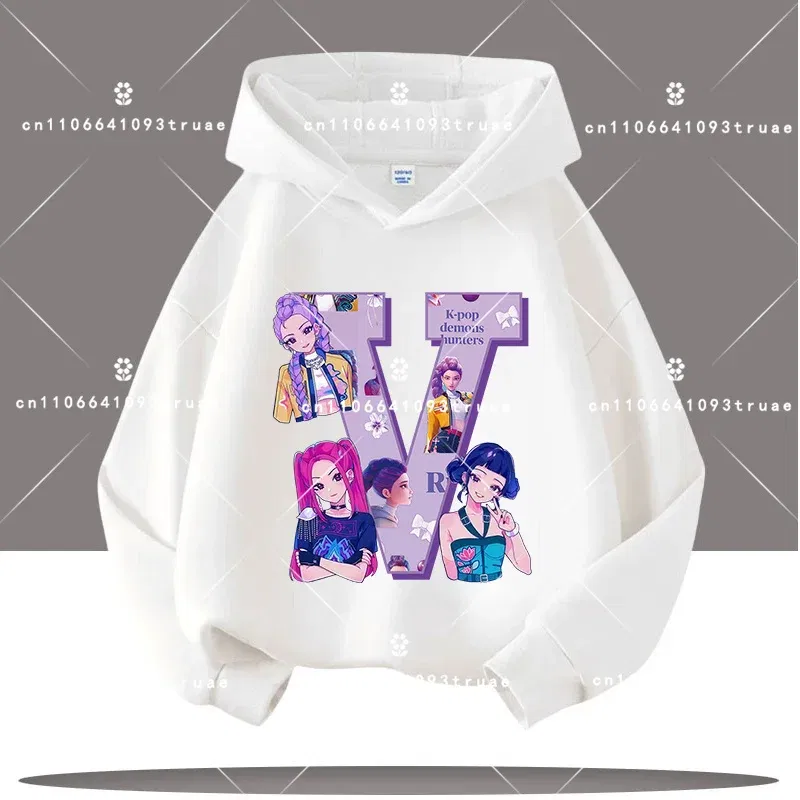 Color: Red, Kid Size: 9 - K-pop Demon Hunters Letter A-Z 3-12 Year Old Children Hooded Sweatshirt Girls' Casual Shirt Boys' Sports Shirt Cartoon Print