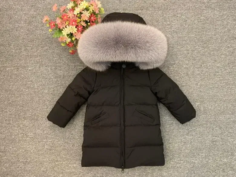 Color: PEACOCK BLUE, Kid Size: 6 - Children Girl boy Winter real fur thickened down jackets 90 down Long Coat jacket overcoat baby kids clothing -30 outwear ws1245