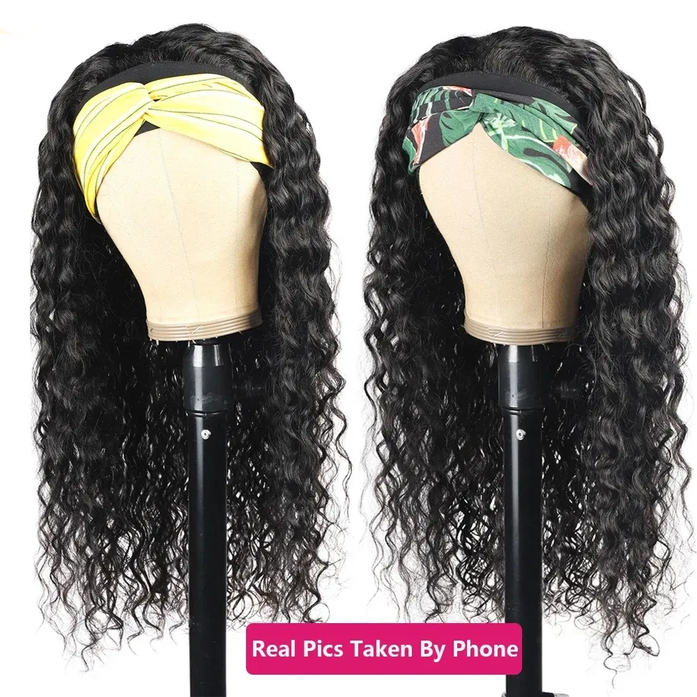 Stretched Length: 24inches, Density: 180% - Deep Wave Headband Wig Indian Human Hair Full Machine Made Wigs 200 Density For Women Easy Go Water Scarf Wigs 12-24 Inch Wig