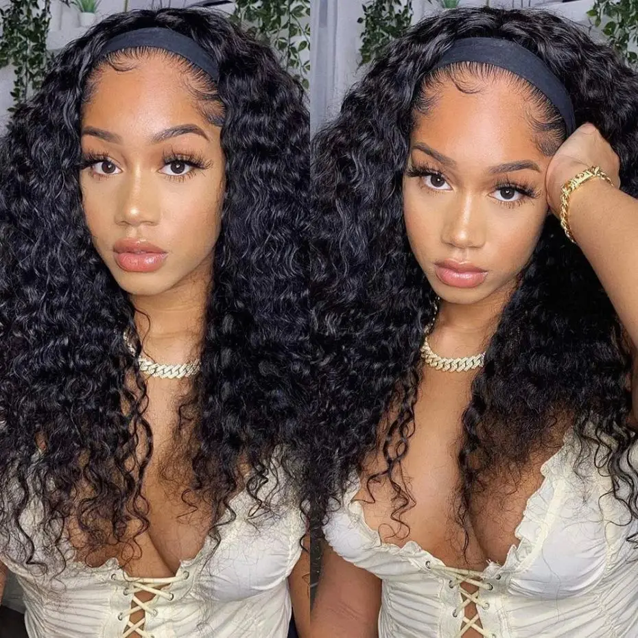 Stretched Length: 24inches, Density: 180% - Deep Wave Headband Wig Indian Human Hair Full Machine Made Wigs 200 Density For Women Easy Go Water Scarf Wigs 12-24 Inch Wig