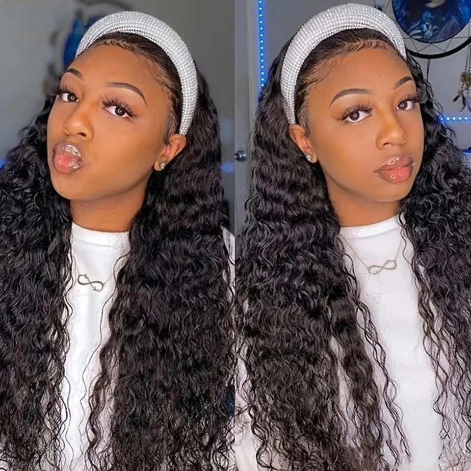 Stretched Length: 24inches, Density: 180% - Deep Wave Headband Wig Indian Human Hair Full Machine Made Wigs 200 Density For Women Easy Go Water Scarf Wigs 12-24 Inch Wig