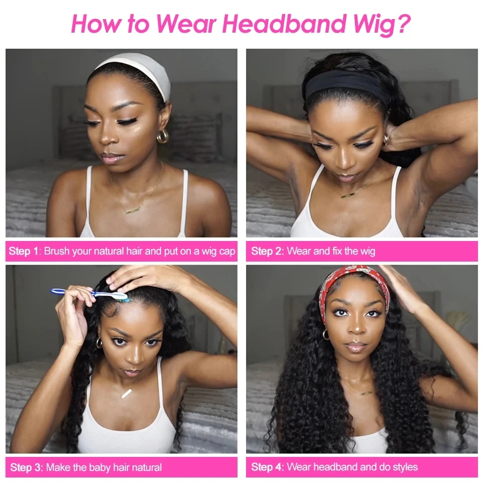 Stretched Length: 24inches, Density: 180% - Deep Wave Headband Wig Indian Human Hair Full Machine Made Wigs 200 Density For Women Easy Go Water Scarf Wigs 12-24 Inch Wig