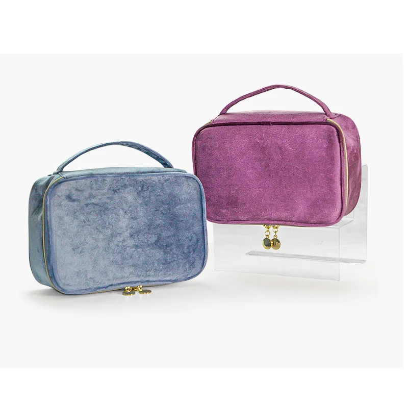 Color: green - Velvet Cosmetics Bag Top Handle Travel Large Capacity Brushes Suede Makeup Vanity Case Custom Initials Name Gift