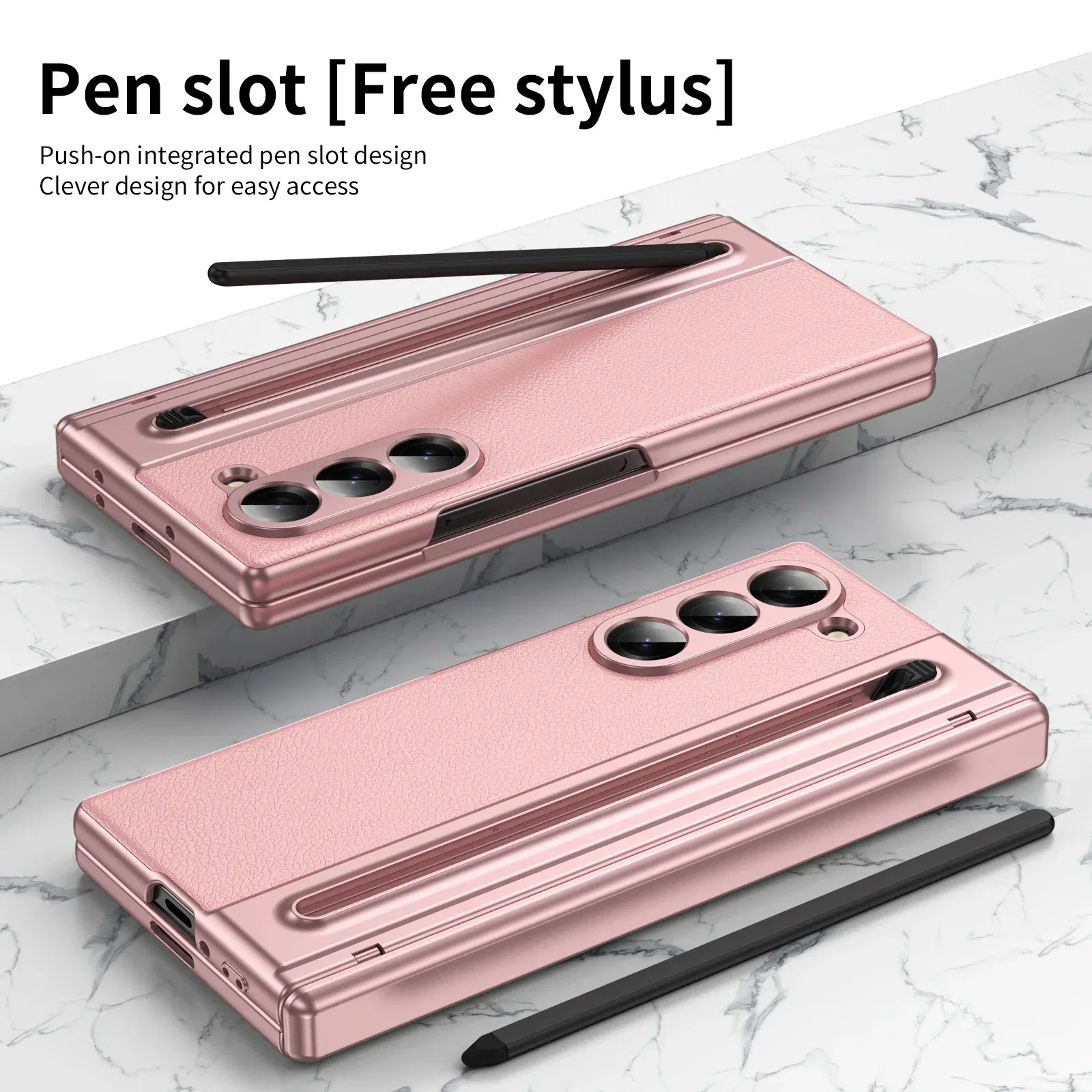 Color: Pink, Material: ABS - With Touch Pen For Samsung Galaxy Z Fold 6 Slim 5 W25 5 4 3 Case Leather Plating Hinge 360 Full Screen Protector Folding Cover