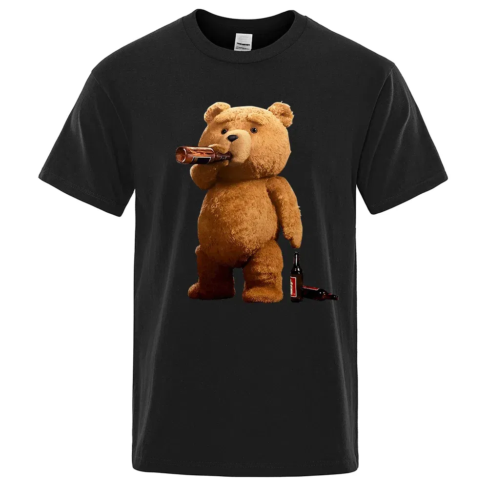 Color: black, Size: XXL - Lovely Ted Bear Drink Beer Poster Funny Printed T-Shirt Men Fashion Casual Short Sleeves Loose Oversize Tee Street Hip Hop Tops