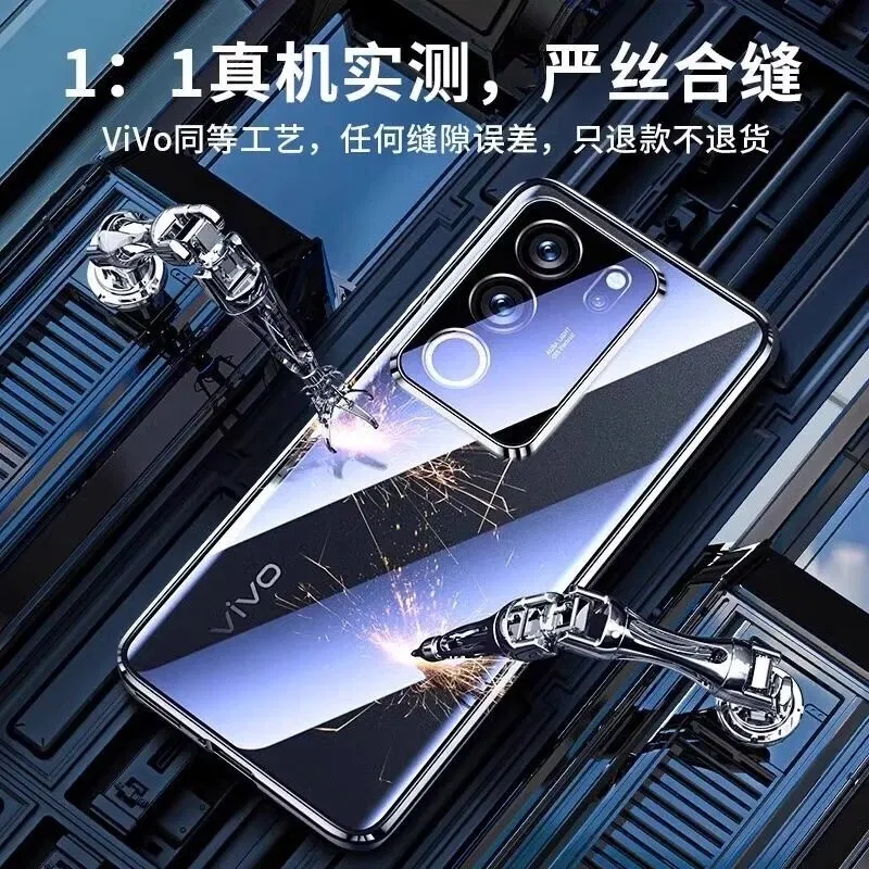 Color: black, Material: Denim - 360 Full Case For Vivo V29 5G V27 Pro V27E V25 V23 Double Sided Magnetic Adsorption Metal Capa Tempering Glass Clear Phone Cover
