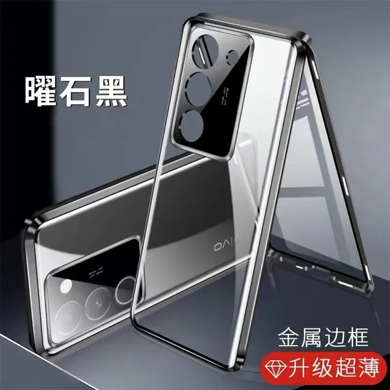 Color: black, Material: Denim - 360 Full Case For Vivo V29 5G V27 Pro V27E V25 V23 Double Sided Magnetic Adsorption Metal Capa Tempering Glass Clear Phone Cover
