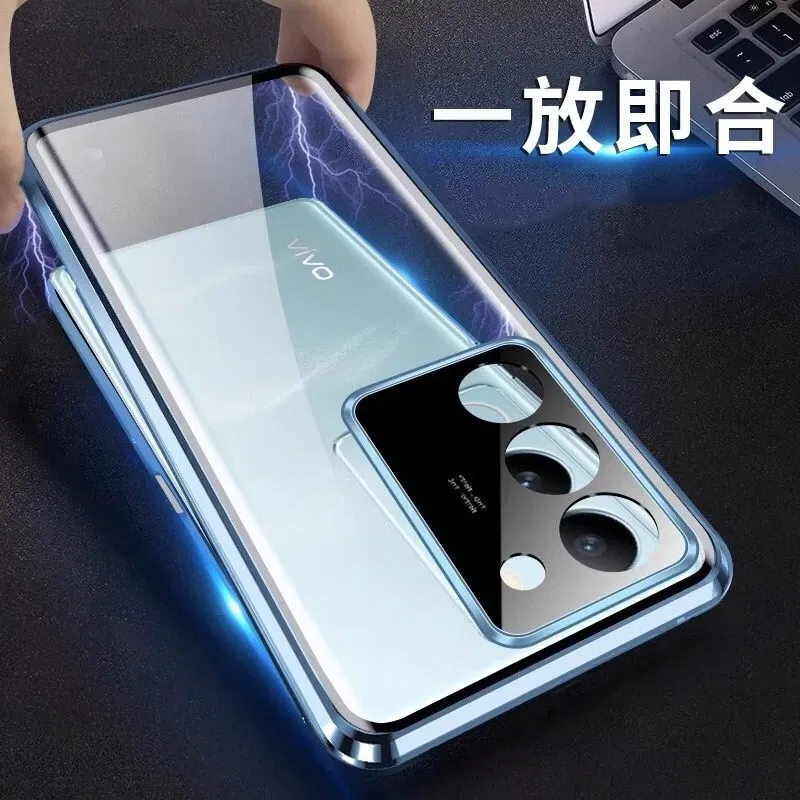 Color: black, Material: Denim - 360 Full Case For Vivo V29 5G V27 Pro V27E V25 V23 Double Sided Magnetic Adsorption Metal Capa Tempering Glass Clear Phone Cover