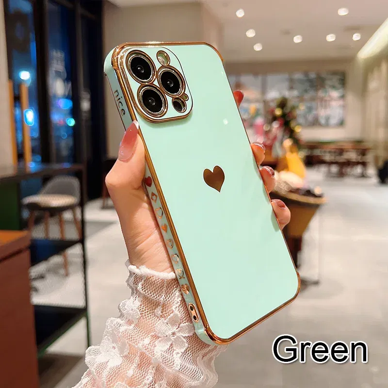 Color: Blue, Compatible-Phone Models: For iPhone SE (2020), Ships From: CN - Electroplating Side Love Heart Phone Case For IPhone 17 16 15 14 13 12 11 Pro Max XR 8 Plus SE2/SE3 Shockproof Back Cover