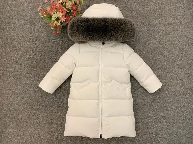 Color: Silver, Kid Size: 2T - Children Girl boy Winter real fur thickened down jackets 90 down Long Coat jacket overcoat baby kids clothing -30 outwear ws1245