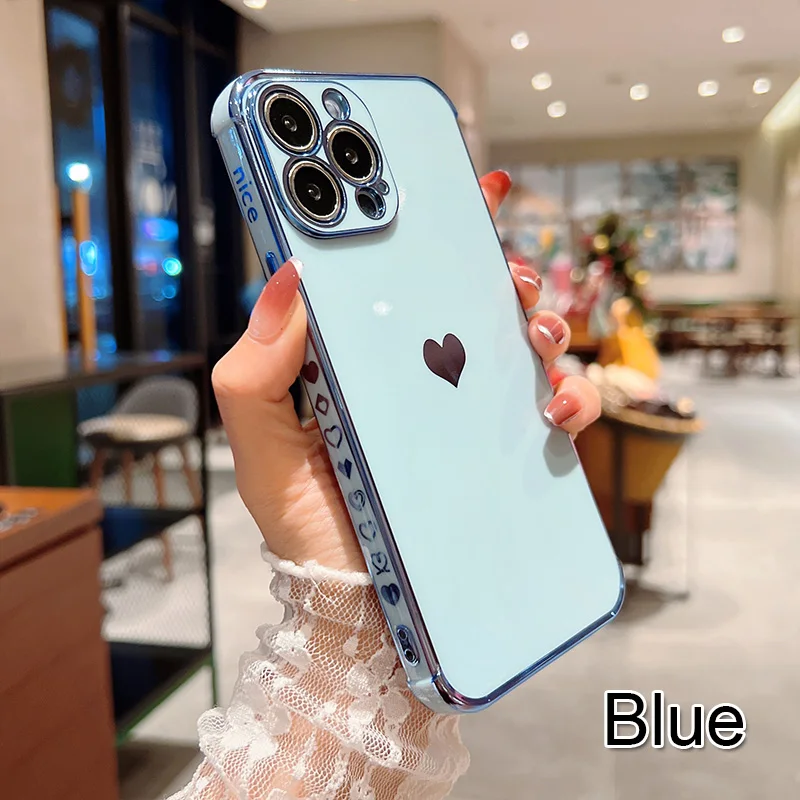 Color: Brown, Ships From: CN, Material: Wood - Electroplating Side Love Heart Phone Case For IPhone 16 15 14 13 12 11 Pro Max XR 8 Plus SE2/SE3 Shockproof Back Cover