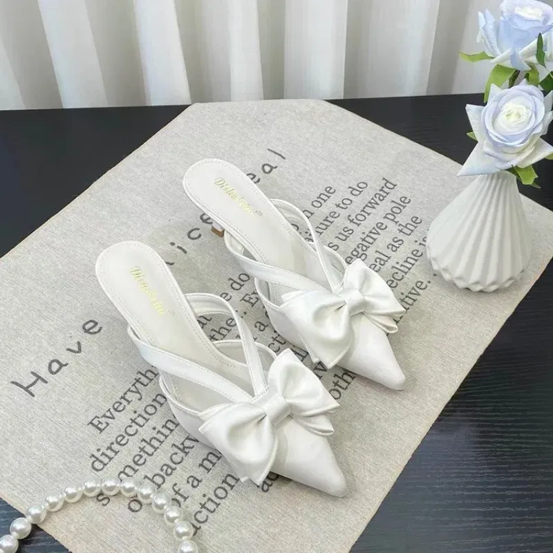 Color: Beige, Shoe Size: 38 - Fairy Style Pink Cool Slippers for Women's Summer 2024 French Pointed Bow Hollow High Heels, Half Wrapped Women's Slippers