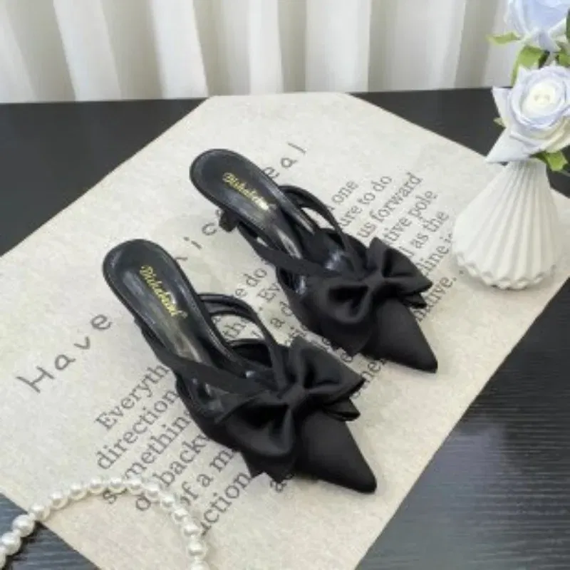 Color: Beige, Shoe Size: 38 - Fairy Style Pink Cool Slippers for Women's Summer 2024 French Pointed Bow Hollow High Heels, Half Wrapped Women's Slippers