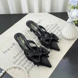 Color: Beige, Shoe Size: 38 - Fairy Style Pink Cool Slippers for Women's Summer 2024 French Pointed Bow Hollow High Heels, Half Wrapped Women's Slippers