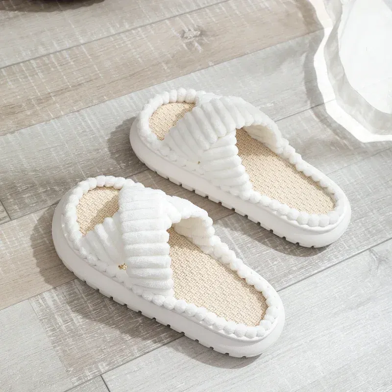 Color: Beige, Shoe Size: 4 - 2023 Autumn Winter New Women Home Slippers Open-Toe Cross Band Linen Soled Indoor Slides Linen Soled Non-Slip Bathroom Slippers