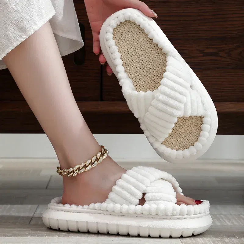 Color: Beige, Shoe Size: 4 - 2023 Autumn Winter New Women Home Slippers Open-Toe Cross Band Linen Soled Indoor Slides Linen Soled Non-Slip Bathroom Slippers
