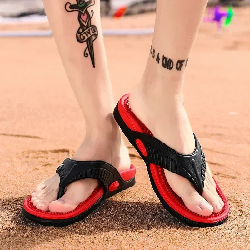 Color: Brown, Shoe Size: 42 - Massage Flip Flops for Men Summer Breathable Beach Shoes Sandals Men Luxury Flip Flops Breathable Plus Big Size Men Slippers 46