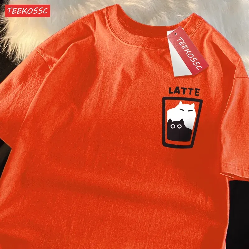 Color: Turquoise, Size: XXL - Mocha Latte Couple Outfit Cat Coffee Couple Male T-Shirts Graphic Cool Tee Shirt High-Quality Oversized Tshirt Comfort Soft