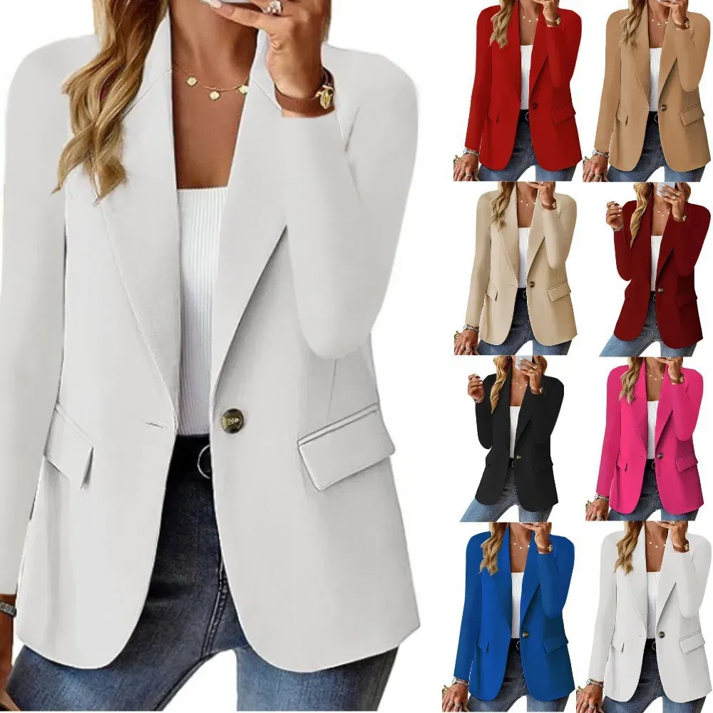 Color: Rose Red, Size: XL - Womens Spring Winter Down Full Long Sleeve Coat Autumn Blazer Button Outwear Suit Cardigan Female