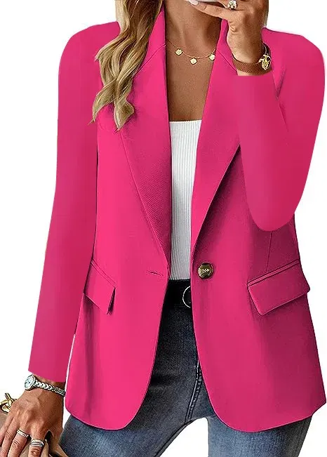 Color: Rose Red, Size: XL - Womens Spring Winter Down Full Long Sleeve Coat Autumn Blazer Button Outwear Suit Cardigan Female