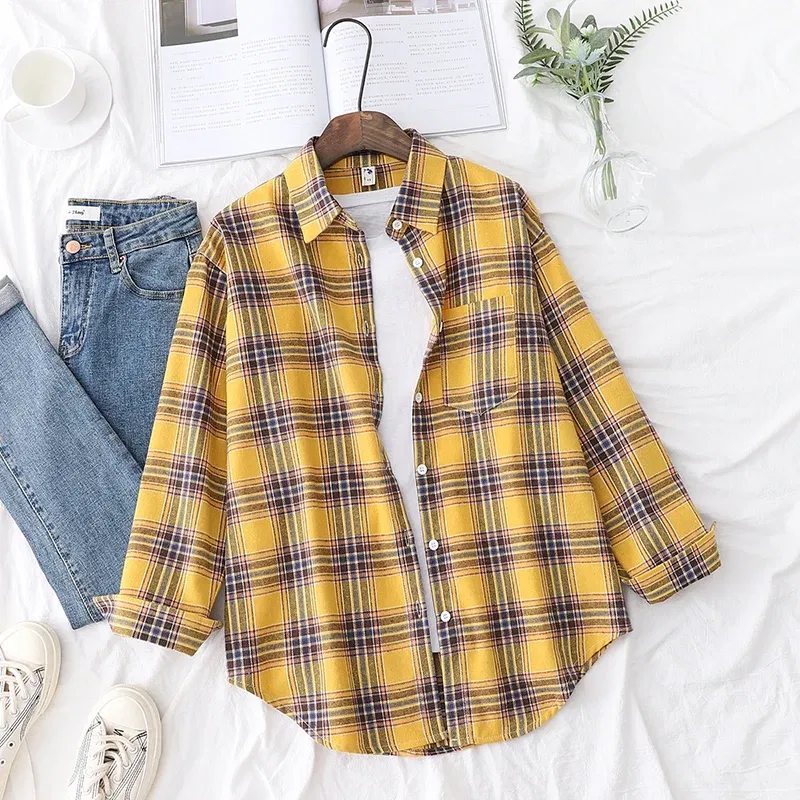 Color: Yellow, Size: M - Fresh Flannel Plaid Shirt Women 2025 New Female Blouses and Tops Cotton Loose Long Sleeve Casual Shirts Fine Women's Clothes