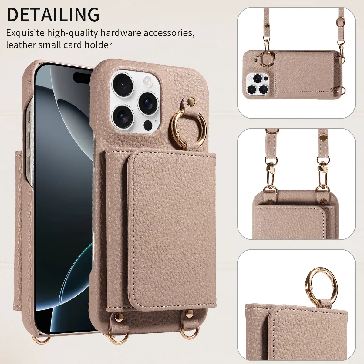 Color: Khaki, Bundle: Case & Strap, Material: Artificial Leather, Compatibility by Model: iPhone 16 Pro Max - For IPhone16 15 Pro Max 14 13 12 Series PU Leather Magsafe Magnetic Wireless Charging Shockproof Crossbody Wallet Phone Case