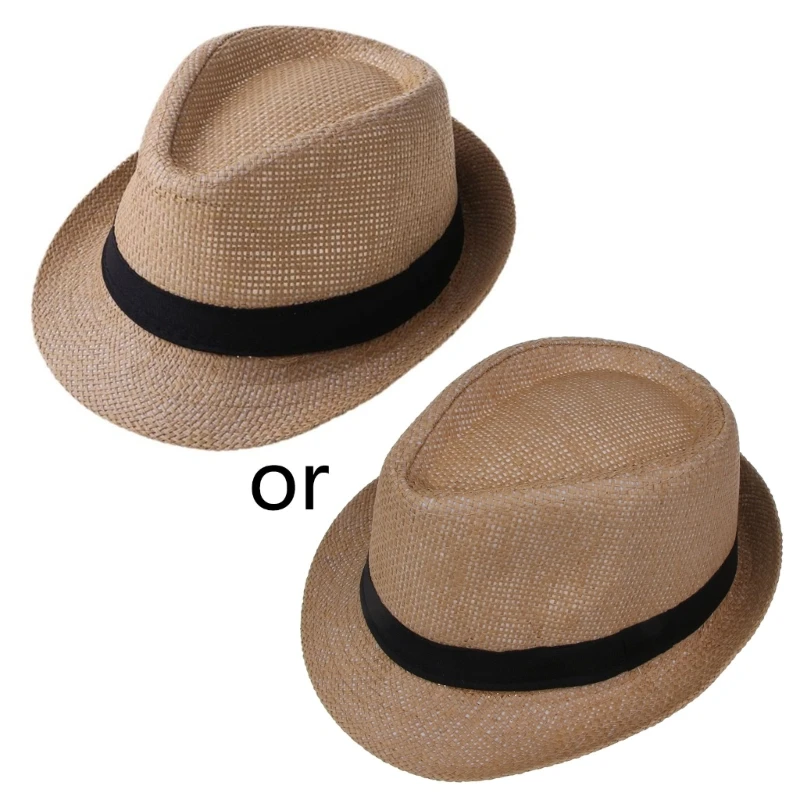 Color: Beige - Children Kids Summer Beach Straw Hat Panama Breathable Hat Large Brim Outdoor Breathable Hats Girls Boy Sunhat