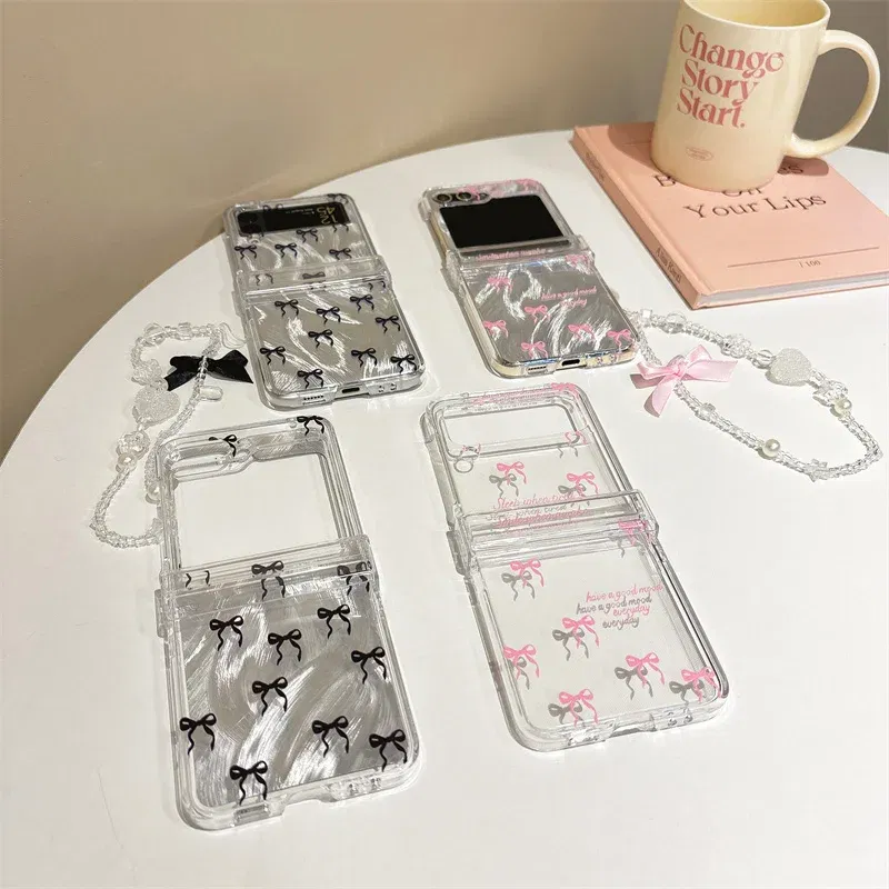 Color: Gold, Material: Nylon - For Samsung Galaxy Z Flip 3 4 5 6 Case Cute Pink Black Bow Feather Cards Bracelet Cover For Samsung Z Flip3 Flip4 ZFlip5