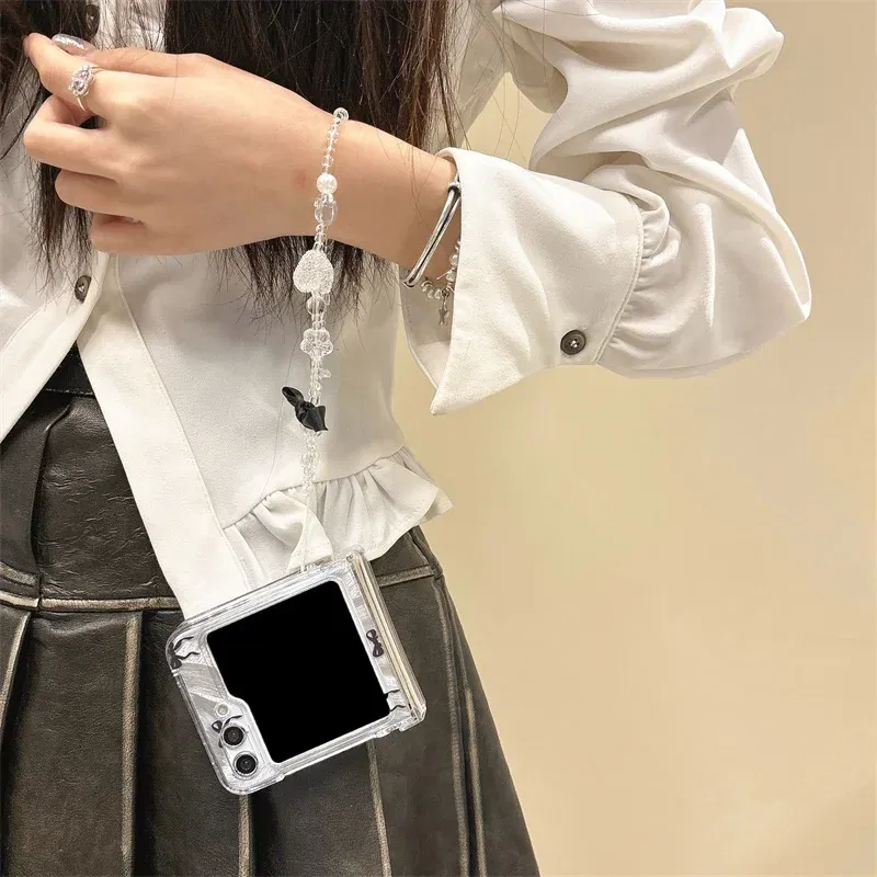Color: Gold, Material: Nylon - For Samsung Galaxy Z Flip 3 4 5 6 Case Cute Pink Black Bow Feather Cards Bracelet Cover For Samsung Z Flip3 Flip4 ZFlip5