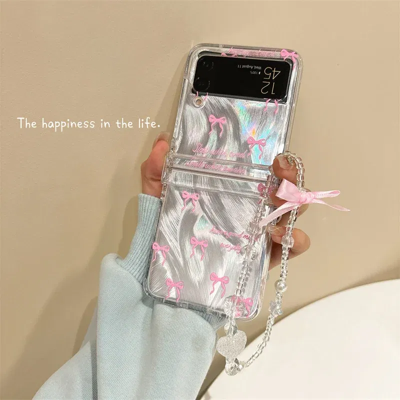 Color: Gold, Material: Nylon - For Samsung Galaxy Z Flip 3 4 5 6 Case Cute Pink Black Bow Feather Cards Bracelet Cover For Samsung Z Flip3 Flip4 ZFlip5