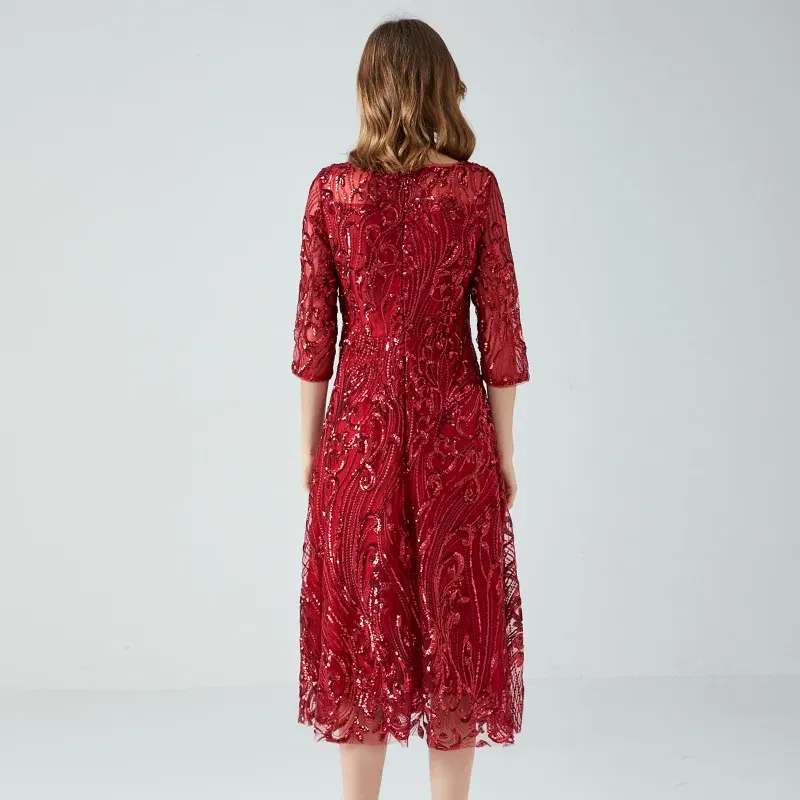 Color: Burgundy, Size: XXXL - Women's Lace Dress Sequin Evening Dresses Spring and Autumn New Wedding Banquet Broad Wife Fat Plus Size Long Dress Long Red