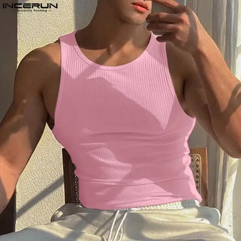 Color: Pink, Size: XXL - INCERUN Men Tank Tops Solid Color O-neck Sleeveless Streetwear Summer Casual Vests Skinny 2023 Fashion Leisure Men Clothing 5XL