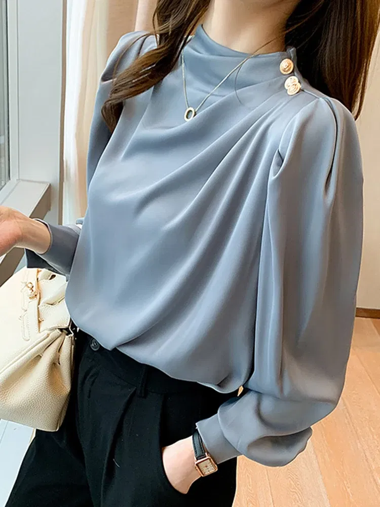 Color: WHITE, Size: XXL, Ships From: CHINA - Spring Autumn Elegant Office Women Shirt Mujer Chic Satin Formal Lantern Sleeve Blouse Tops Loose Pullover Jumper Street Clothes