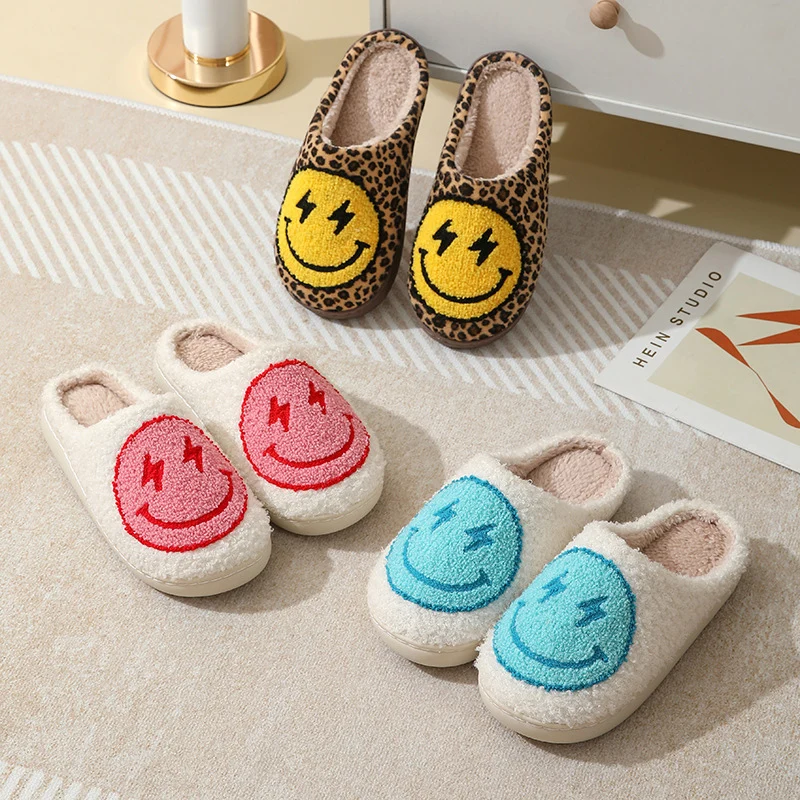 Color: WHITE, Shoe Size: 37 - Leopard Print Winter Slippers Women Lightning Smile Face Fluffy Fur Slippers Woman Indoor Anti-slip Furry Couple Cotton Slides