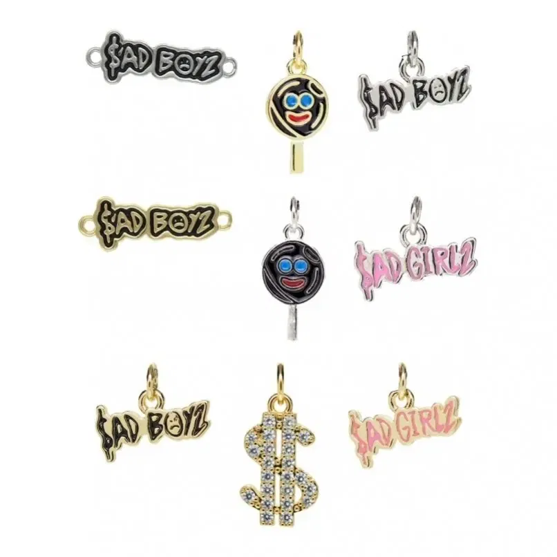 Metal color: Antique Copper Plated - 10Pcs Letter Sadboyz or Sadgirls Black Enamel Copper Gold Color Pendant Charms for Jewelry Making