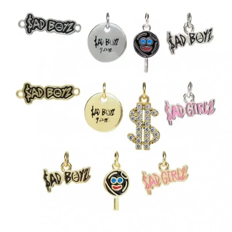 Metal color: Antique Copper Plated - 10Pcs Letter Sadboyz or Sadgirls Black Enamel Copper Gold Color Pendant Charms for Jewelry Making