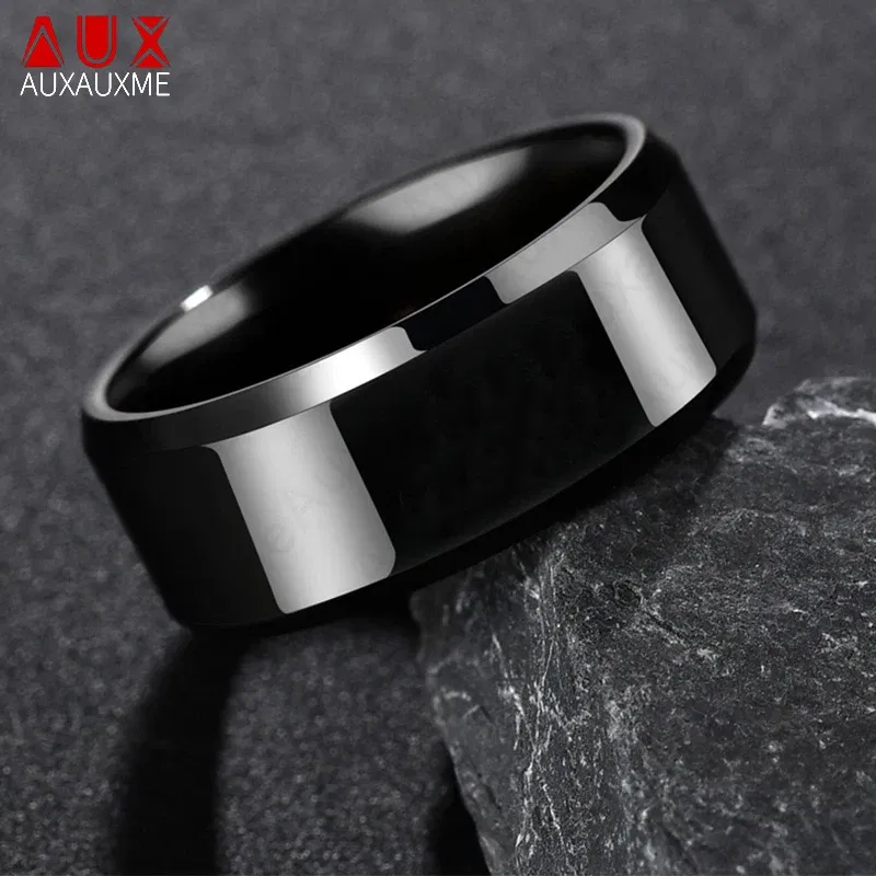 Main Stone Color: GRAY, Ring Size: 6 - Auxauxme 8mm Black Titanium Stainless Men Ring Simple Wedding Bands Rings Gift For Male Jewelry Size 5-13 Drop shipping
