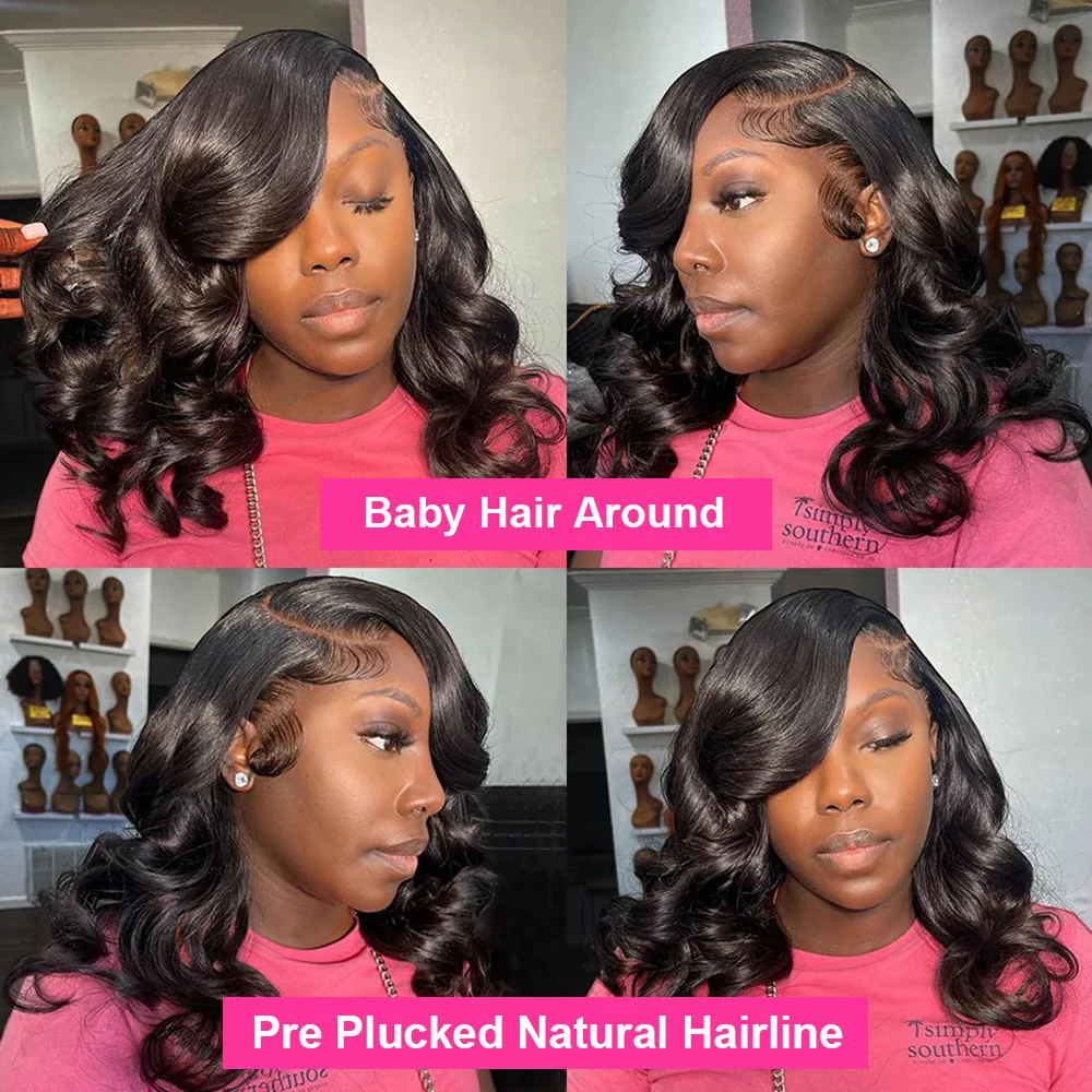 Hair Color: #1B, Ships From: United States, Stretched Length: 10inches, Density: 150% - 7x5 Glueless Ready To Wear And Go Pre plucked 180 Density Body Wave Short Bob Human Hair Wigs 13x4 Lace Frontal Human Hair Wig