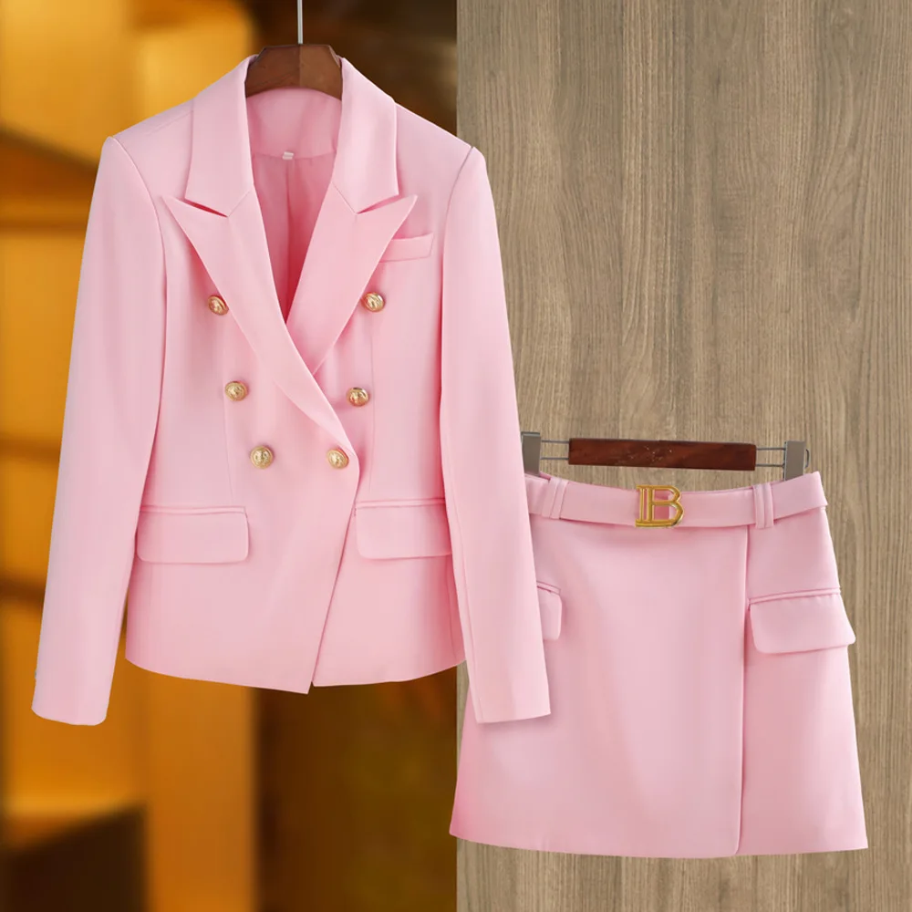 Color: PURPLE, Size: L, Ships From: CN - New Arrival Elegant Style Lady Office Work Suit Double-breasted Long Sleeve Fitted Blazer A-line Pencil Mini Skirt Women 2Pcs