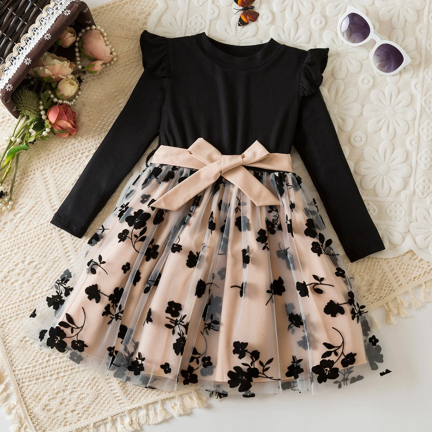 Color: Beige, Kid Size: 6 - Spring Autumn Full Sleeve Dress for Girls 3 to 8 Yrs Flower Girl Dress Children's Casual Clothing New Long Seelve Princess Dress