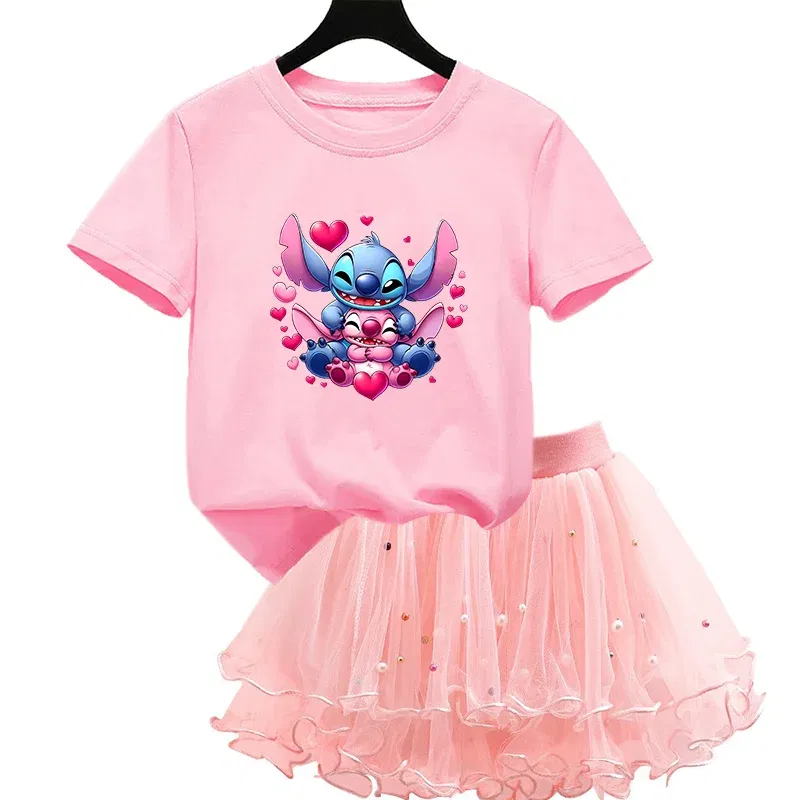 Color: Lavender, Kid Size: 3T - 2pcs Lilo Stitch Summer Girls Outfits Cartoon T-shirt and Tutu Skirt Princess Clothes Suit Children Birthday Clothing Sets