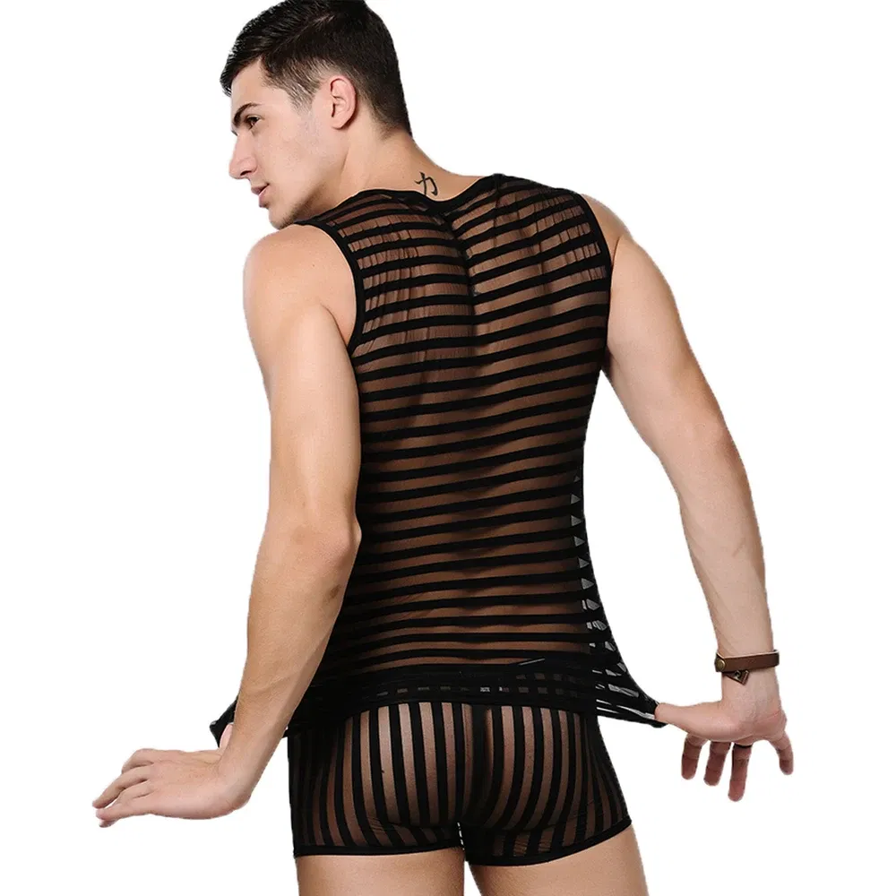 Color: black, Size: S - Striped Transparent Tank Top Black Sexy Mesh Tops Men Clothing Gym Quick Dry Vests Fashion Casual Summer Sleeveless Solid Top