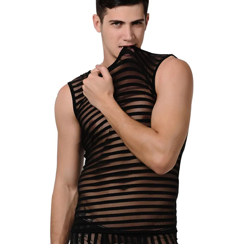 Color: black, Size: S - Striped Transparent Tank Top Black Sexy Mesh Tops Men Clothing Gym Quick Dry Vests Fashion Casual Summer Sleeveless Solid Top