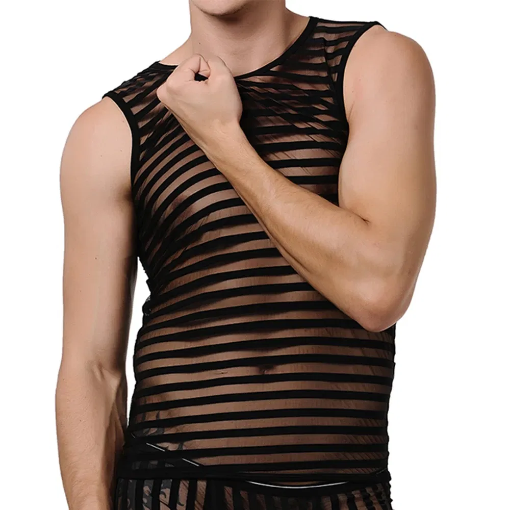 Color: black, Size: S - Striped Transparent Tank Top Black Sexy Mesh Tops Men Clothing Gym Quick Dry Vests Fashion Casual Summer Sleeveless Solid Top