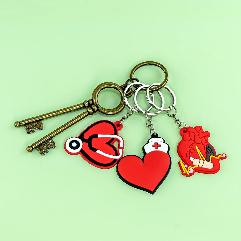 Color: PURPLE - 1PCS PVC Rubber Hot Keychain for nurses New Design Medicine Style Heart & Brain Car Key Pendant Cute Bag Ornament Gift