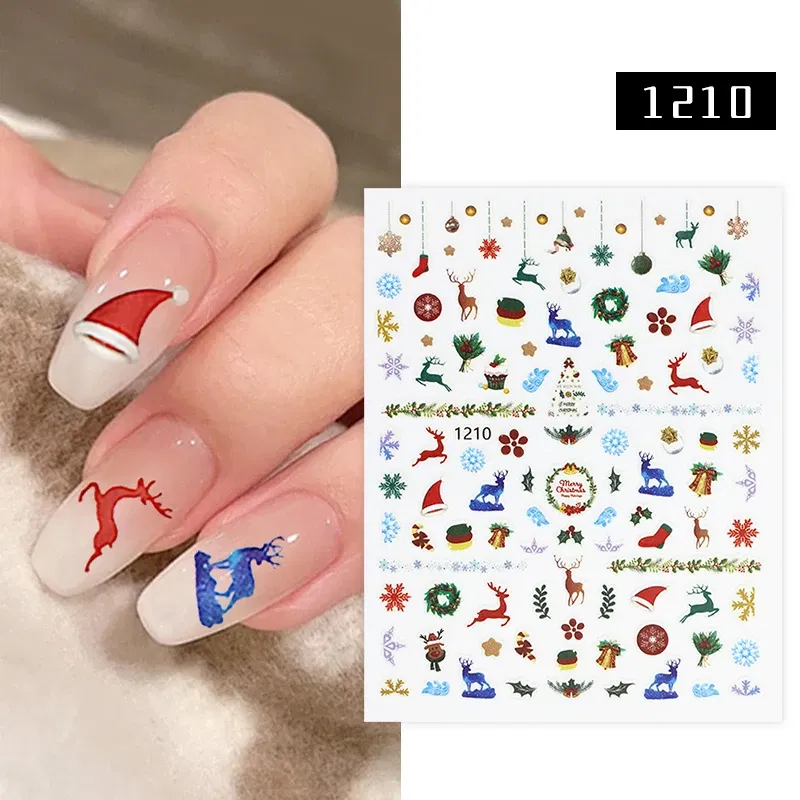 Color: DEEP BLUE - 1Pc Christmas Stickers Santa Claus Snowflake Decals Catoon Image Muti- Pattern New Year Halloween Nail Art Stickers for Manicure