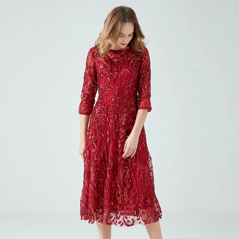 Color: Burgundy, Size: L - Women's Lace Dress Sequin Evening Dresses Spring and Autumn New Wedding Banquet Broad Wife Fat Plus Size Long Dress Long Red